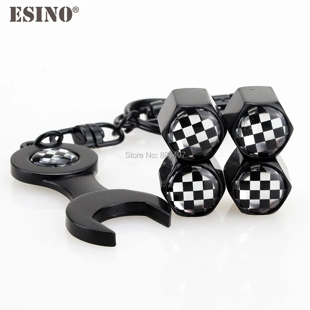 4 x Car Styling Stainless Steel Zinc Alloy Wheel Tire Valve Stem Caps F1 Racing Flag Universal With Mini Wrench Key Chain