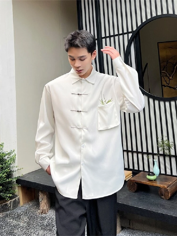 

New Chinese Sle Long Sve Embroidered Loose Men's irt with 3D ket And Metal Bule Design Lightweight White Casual S...