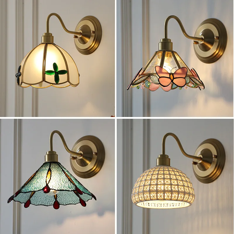 

Vintage Stained Glass Brass Wall Lamp Nordic American Retro Living Room Hallway Bedroom Bedside Wall Sconce Bathroom Mirror Lamp