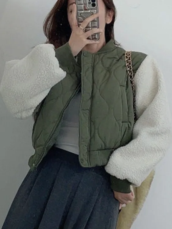 

Women's Winter ort Thiened Lamb Fur Splicing Cotton Jaet Baseball Sle Outerwear Loose Versatile Color Blo Coat