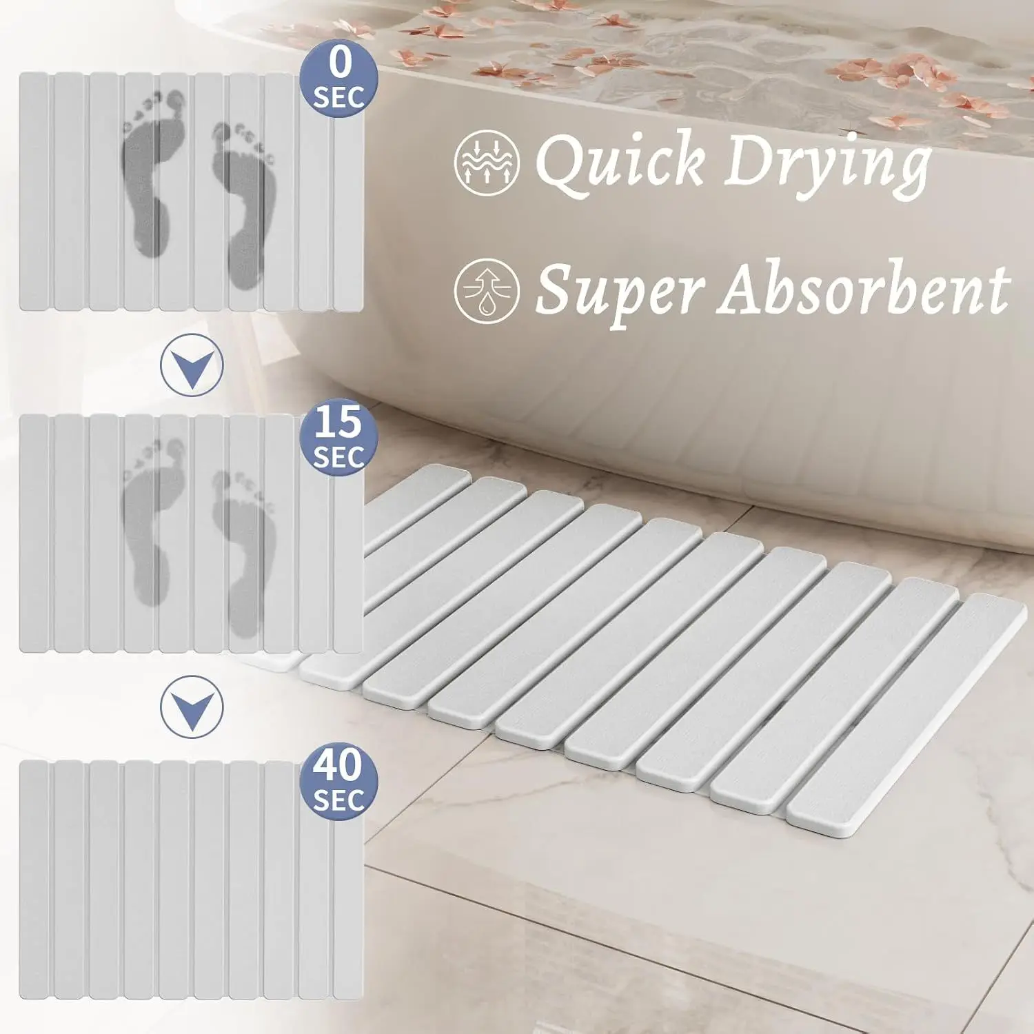 Foldable Stone Bath Mat, Non-Slip Large Diatomaceous Shower Mat, Super Absorbent Quick-Drying Stone Mat for Bathroom Kitchen Floor Counter Sink, Easy To Clean & Store, with Storage Holder