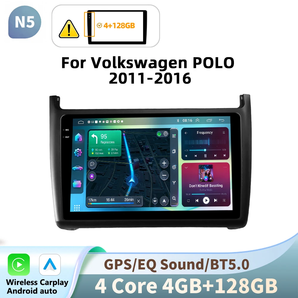 Podofo 9 inch autoradio voor Volkswagen Polo 2011-2016 met multimedia, videospeler, draadloze CarPlay, Android Auto, GPS-navigatie, 2DIN
