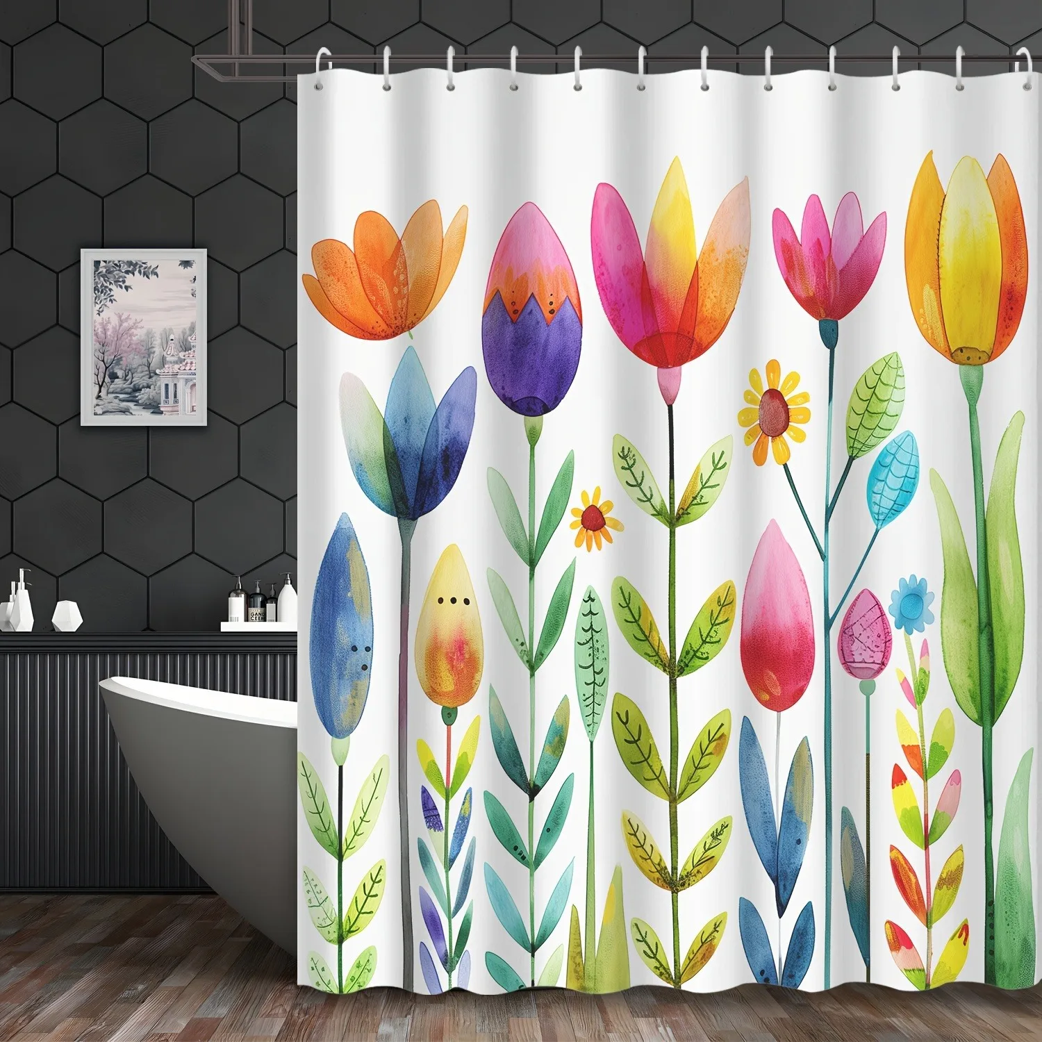 

Абстрактная мультяшная занавеска для душа с цветком тюльпана, моющаяся грязеотталкивающая насадка для душа, водонепроницаемая полиэстеровая занавеска для ванны