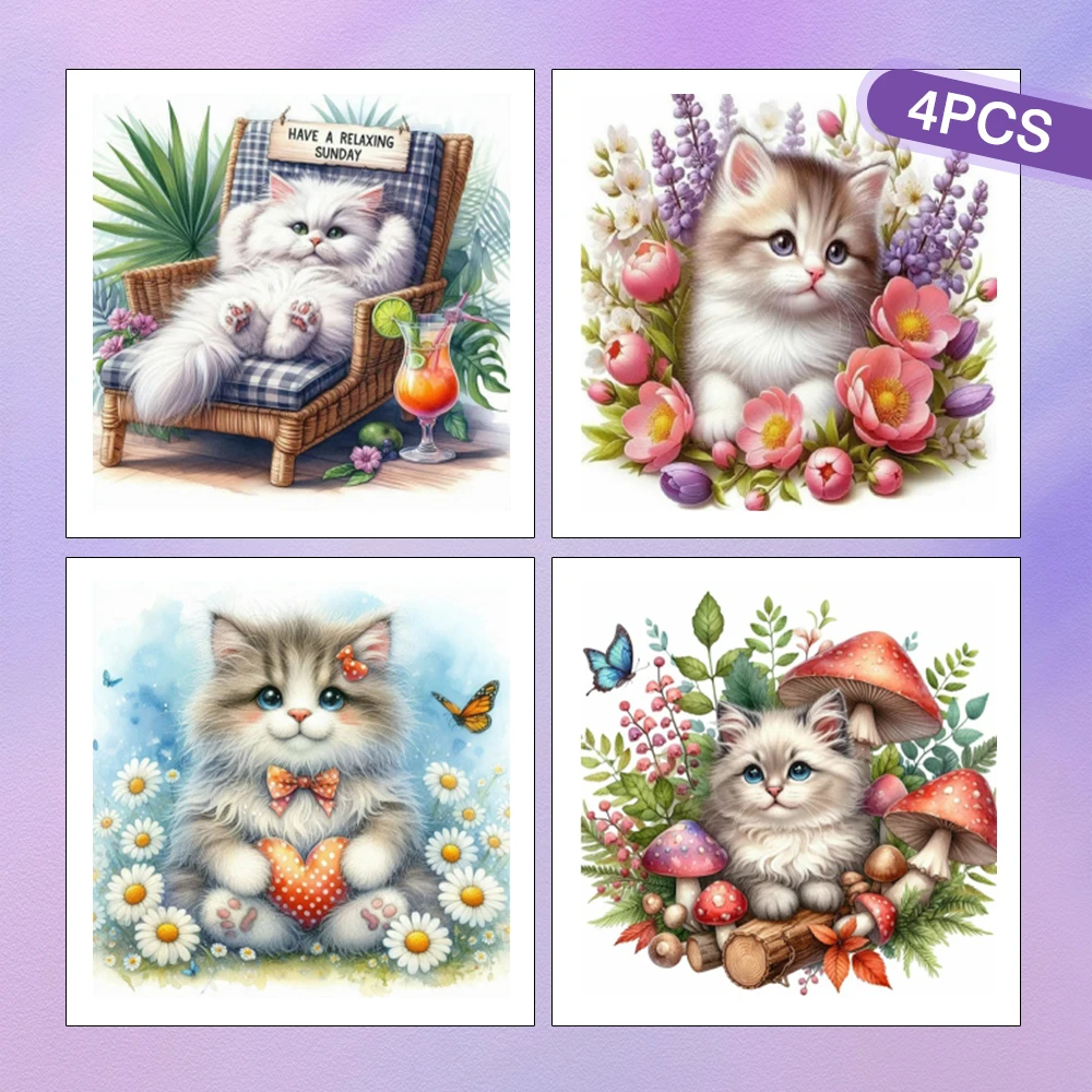 HUACAN 4PCS Diamant Malerei Katze Blume Mosaik Tier Volle Runde Bohrer Bild Von Strass Komplette Kit Wohnkultur
