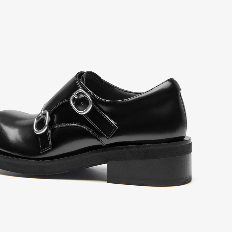 BEAUTODAY Flats Mengke Women Buckle Belt Genuine Leather Round Toe Large Head Ladies British Style Shoes 27937