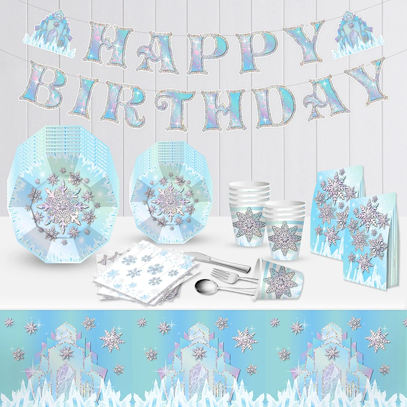 Schneeflocke Thema Geburtstag Party Pappteller Tassen Banner Gefrorene Schneekönigin Cartoon Hochzeit Babyparty Dekorationen Zubehör