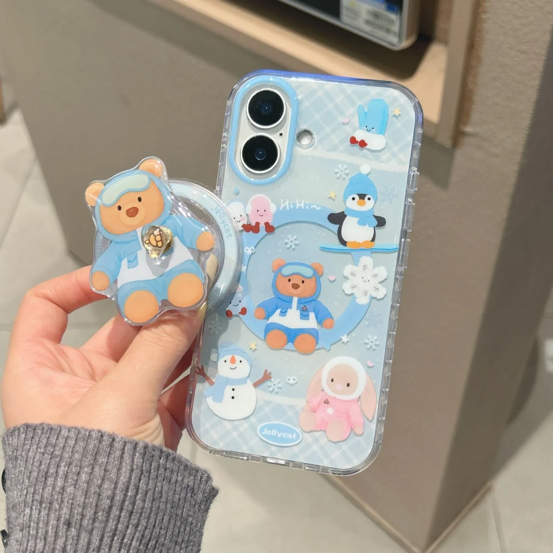 

Kawaii Cartoon Animal Magnetic Stand Holder Phone Case For iPhone 17 16 15 14 Pro Max 15Pro Cover Cases for Magsafe Back Funda﻿