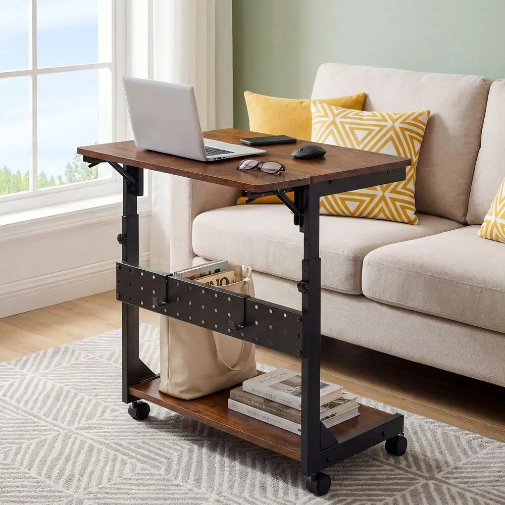 

Двухуровневая напольная подставка, регулируемая по высоте подставка для ПК, компьютерная тележка со складной панелью, приставной столик на колесиках, перфорированная панель, крючки и держатели.