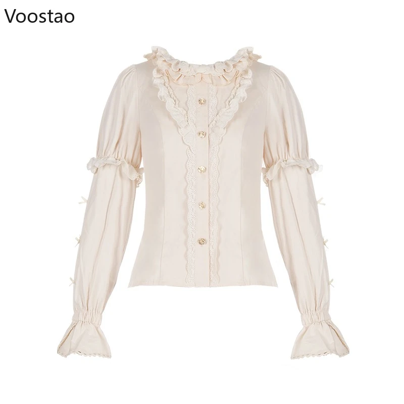 日本のビクトリア朝のヴィンテージロリータシャツ女性甘いかわいいレースリボン長袖ブラウストップス女の子ゴシック Y2k フリルブラウス