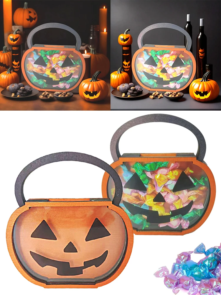 Halloween Wooden Pumpkin Candy Shaker Bag Gift Props Halloween Candy Storage Box Ornament for Dinning Room Office Table Table