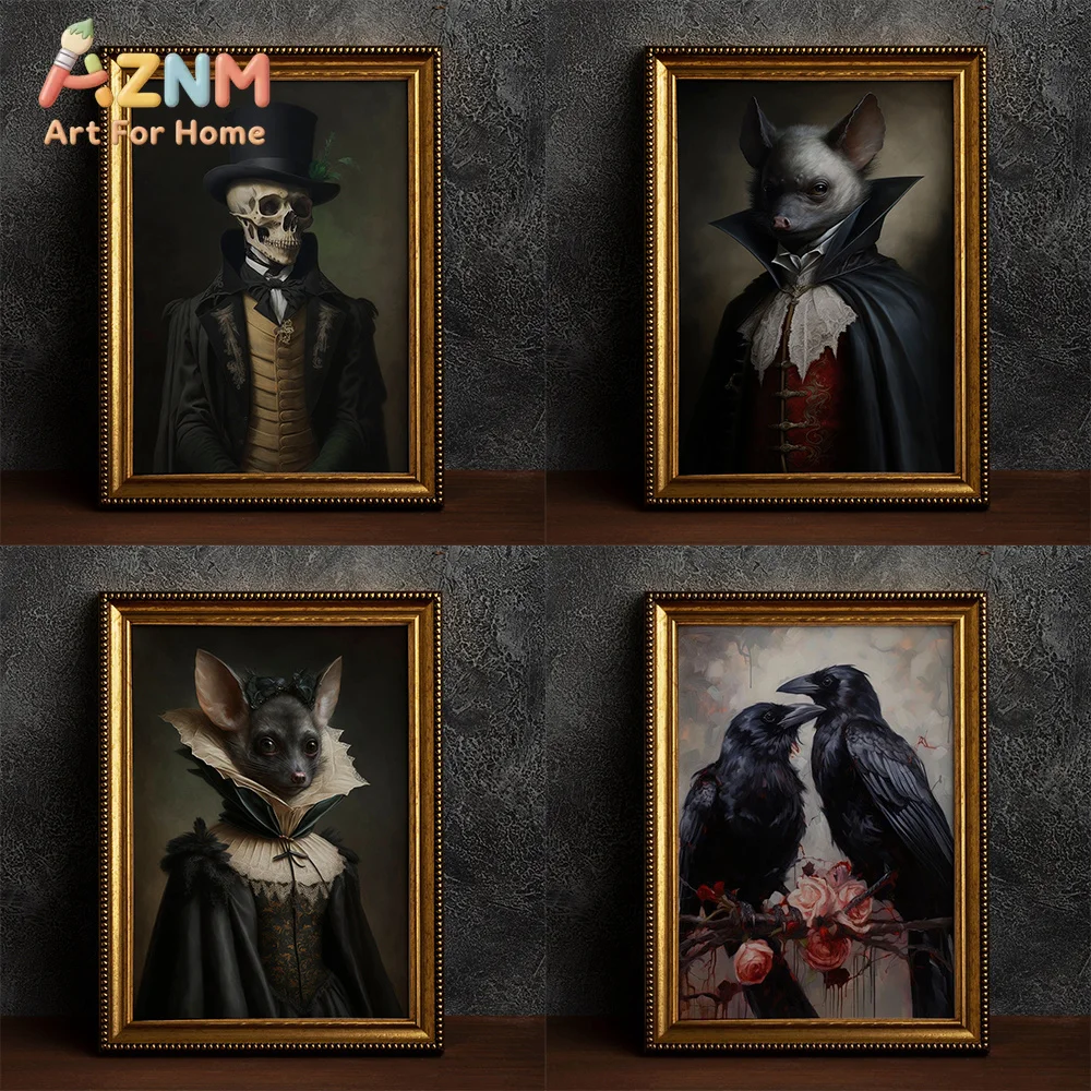AZNM Vintage Gothic Skeleton Vampire Bat Crow Rose Portrait Canvas Wall Art, Dark Retro Halloween Frameless Canvas Print Poster