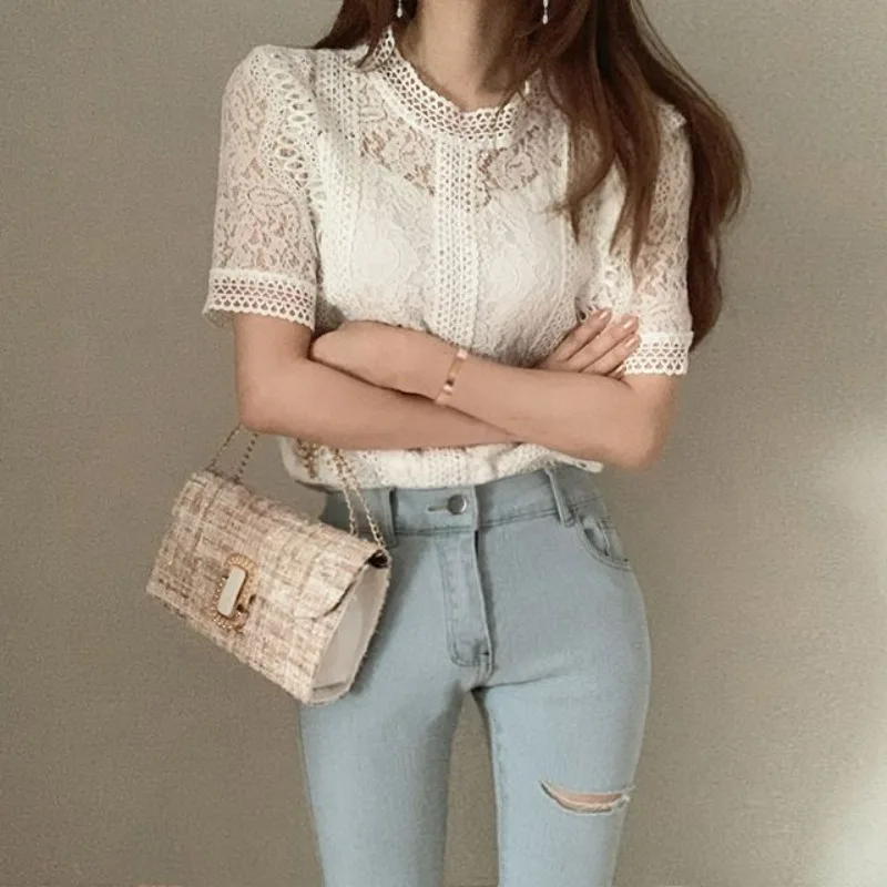 Lace Shirts and Blouses for Summer Short Sleeve Top Women Korean Fashion Woman Blouse 2024 Hollow Out O-neck Clothes 2024 New