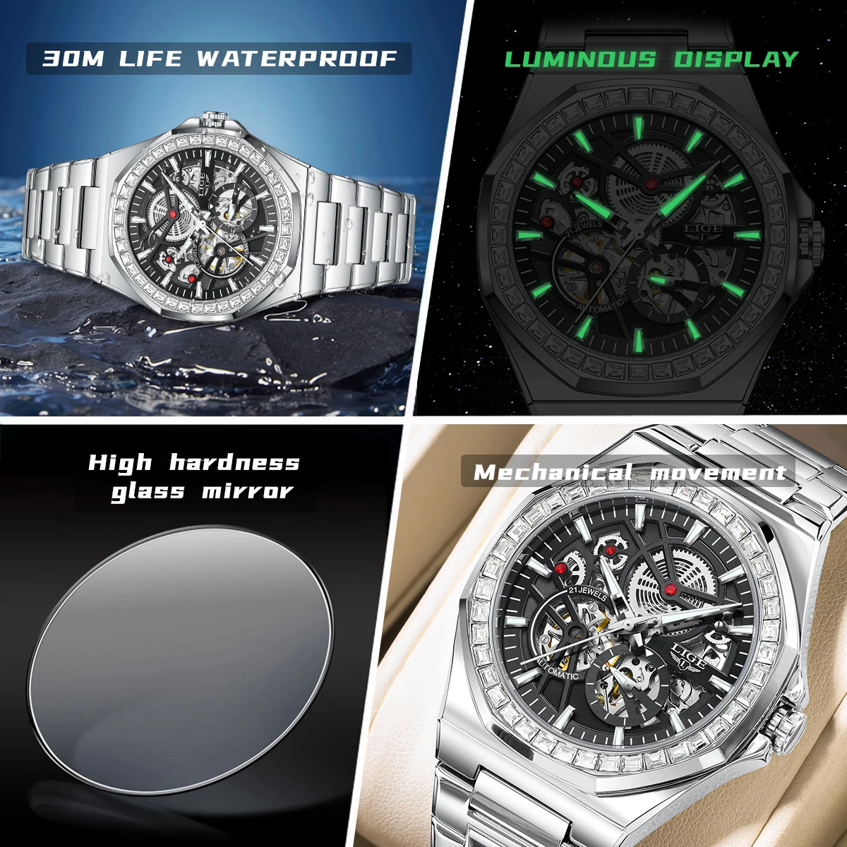 LIGE Skeleton Men's Watch Ring Luxury Automatic Mechanical Watches Luminous Waterproof Stainless Steel Strap Watch Rose Gold