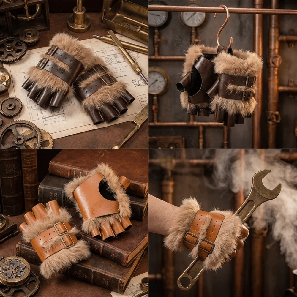 Steampunk Faux Fur Fingerless Gloves Adjustable Buckle Furry PU Leather Mittens Warm Realistic Gauntlet Halloween Party