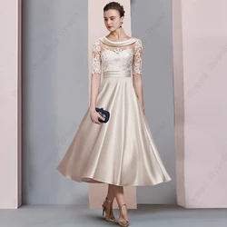 Champagne Half Sleeve Mother of Bride Dresses for Formal Party 2023 Summer A Line Ankle Length Scoop Wedding Party Gown New