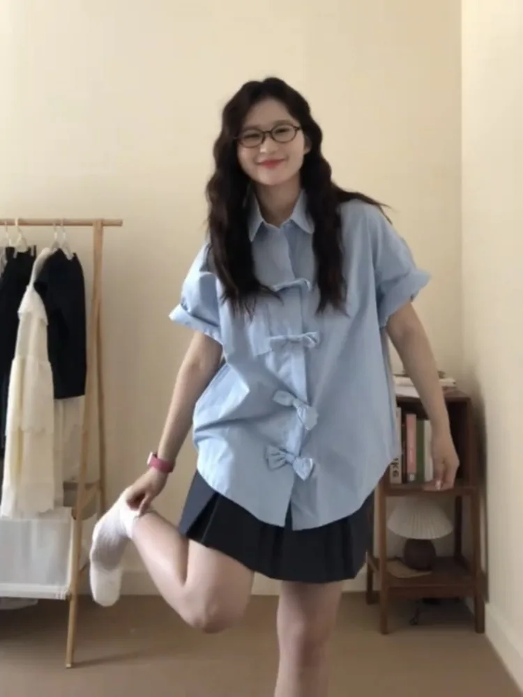 2024 Women Streetwear Sweet Grunge Blue Blouse Harajuku Oversized Blusas Camisas Mujer Chinese Style Loose Y2k Aesthetic Shirt