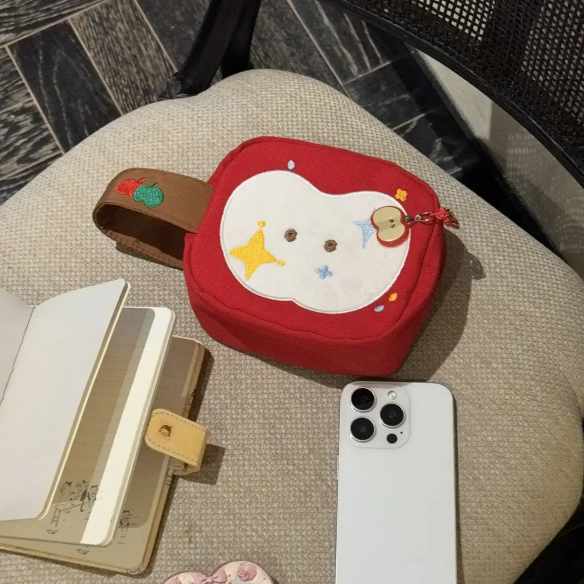 Korean Style Large Capacity Embroidered Apple Cosmetic Bag Portable Instant Camera Bag Storage for Miscellaneous Items