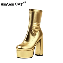 REAVE CAT Punk 14cm Heel 5.5cm Platform Mortorcycle Boots Mid Calf Autumn Winter Elastic Band Stretchy Duży Rozmiar 45 46 47 48 US17