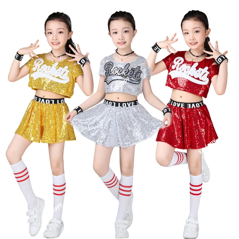 Kids Girls Boys Sequin Uniforms Outfit Cheerleader Clothing Crop Top & Skirt/ Shorts Set Street Dance Jazz Costumes