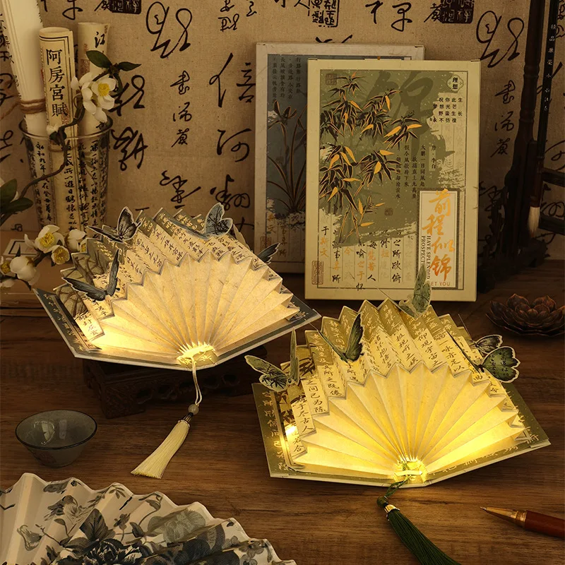 Ancient Style Calligraphy Book Lamp Preface Collection LED Night Lantern Hand-Folding Flexible Bedroom Living Room Use