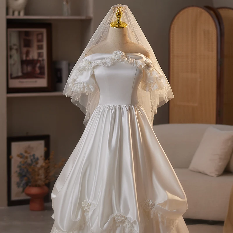 AnXin SH vintage princesa satén blanco cuello barco rosa flor encaje volantes manga vestido de baile con cordones vestido de noche personalizado