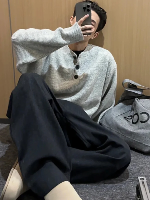 

Мужской повседневный вязаный свитер Cleanfit Lazy Sle с воротником Хенли на пуговицах, длинный рукав, полиэстер, стандартный крой, осень-зима