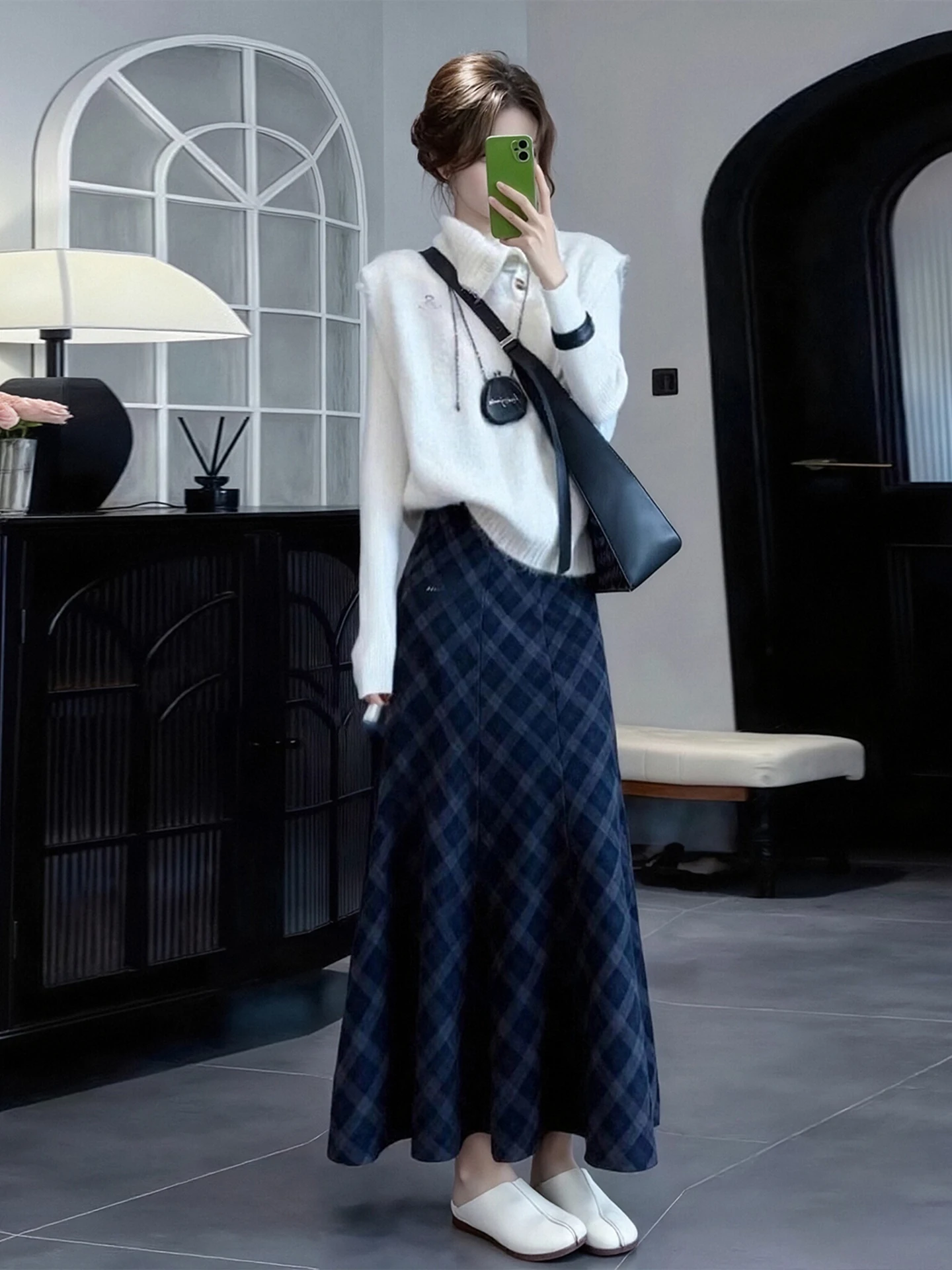 

plus Size Winter Faion Set for Women Knitted Base irt Plaid Skirt High Waist Ne Top Warm Casual Sle Tee P...