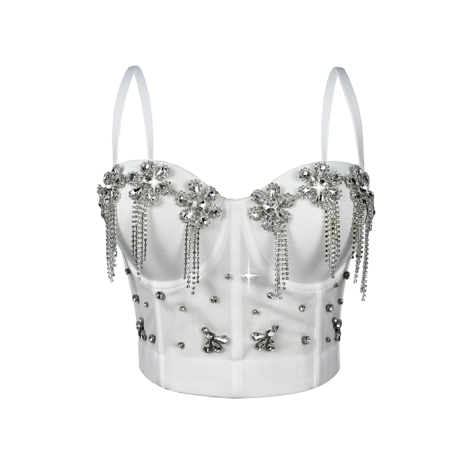 Women's Rhinestone Fringe Chain Bustier Corset, Crystal Beaded Boned Cami Backless Lace Up Corset Top for Stage Performance
