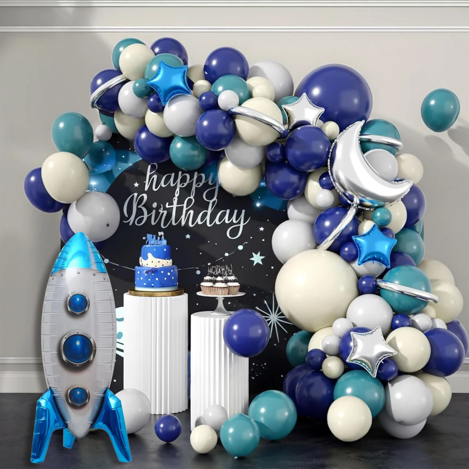 Space Balloon Arch Kit – Marineblaue/weiße/graue Folienballons für Astronauten-Geburtstage, UFO-Party und galaktische Duschdekoration für Jungen – Detail 7