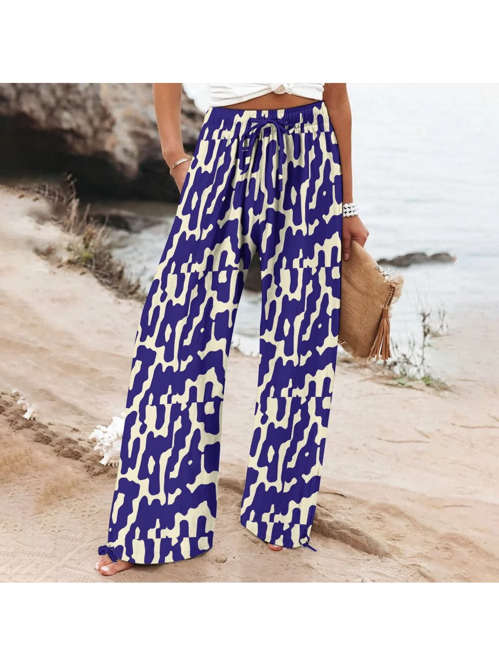 Purple Leopard Print Beach Outfits Retro Women Cotton And Linen Wide-Leg Slacks High Quality New Street Bottoms