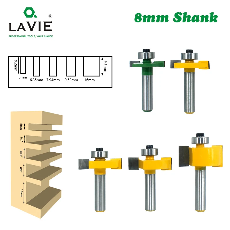 5pcs 8mm Shank T Slot Router Bit Bit With Bearing Wood Slotting Milling Cutter T Type Rabbeting Woodwork Tools For Wood MC02092