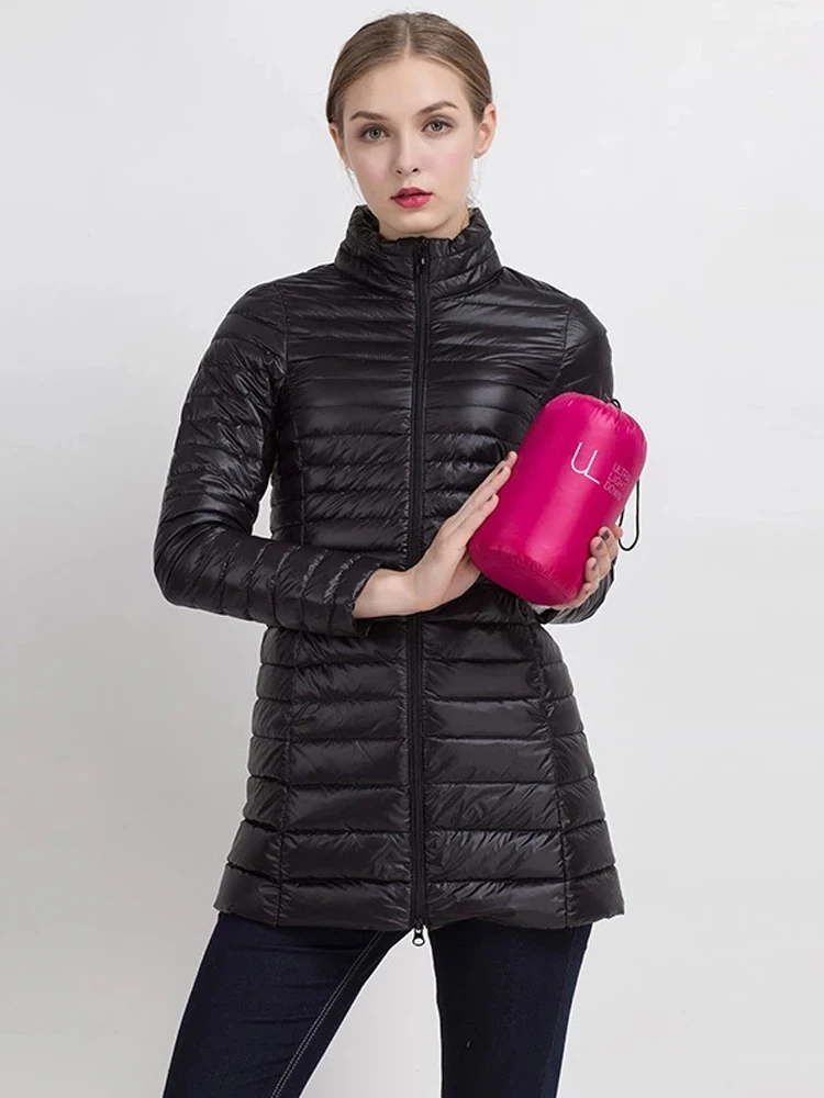 Casaco Puffer Duck Down com gola em pé para mulheres, ultra leve, casacos longos finos, casaco feminino portátil, casaco de outono e inverno, 0-10 ℃