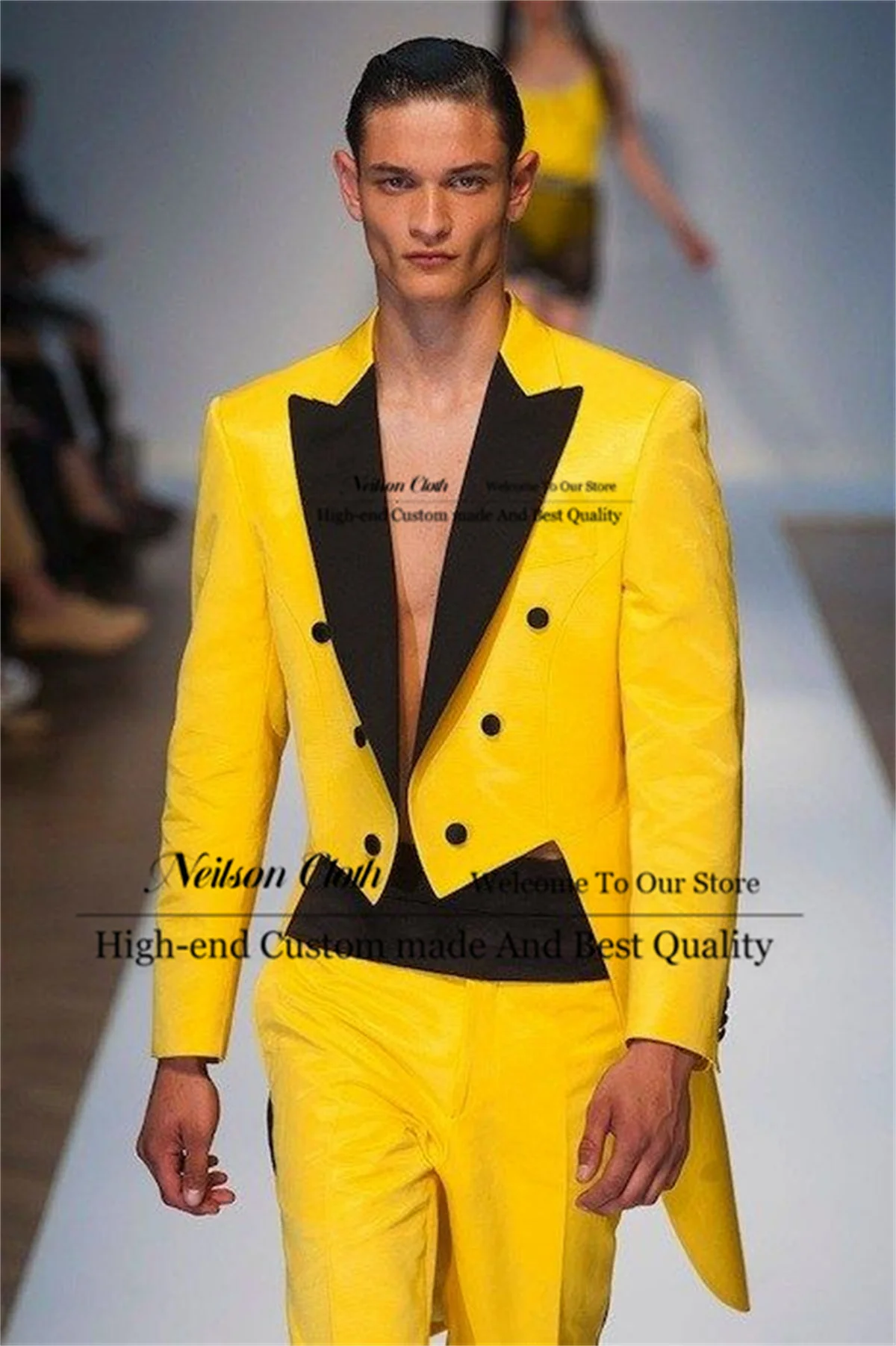 

Formal Yellow 2 Pieces Sets Male Prom Blazers Peaked Lapel Tailcoat Groom Wedding Tuxedos Business Customized Costume Homme
