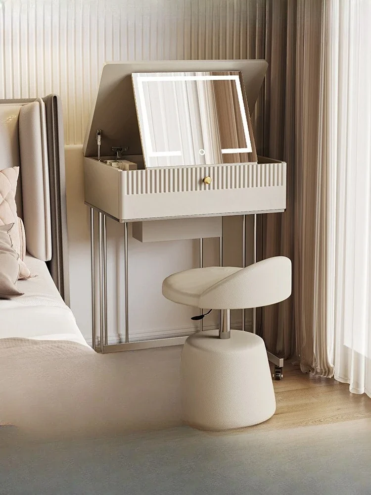 

06.-French Dresser Cream Wind Flip Makeup Table Small Makeup Mirror Removable Storage Makeup Table