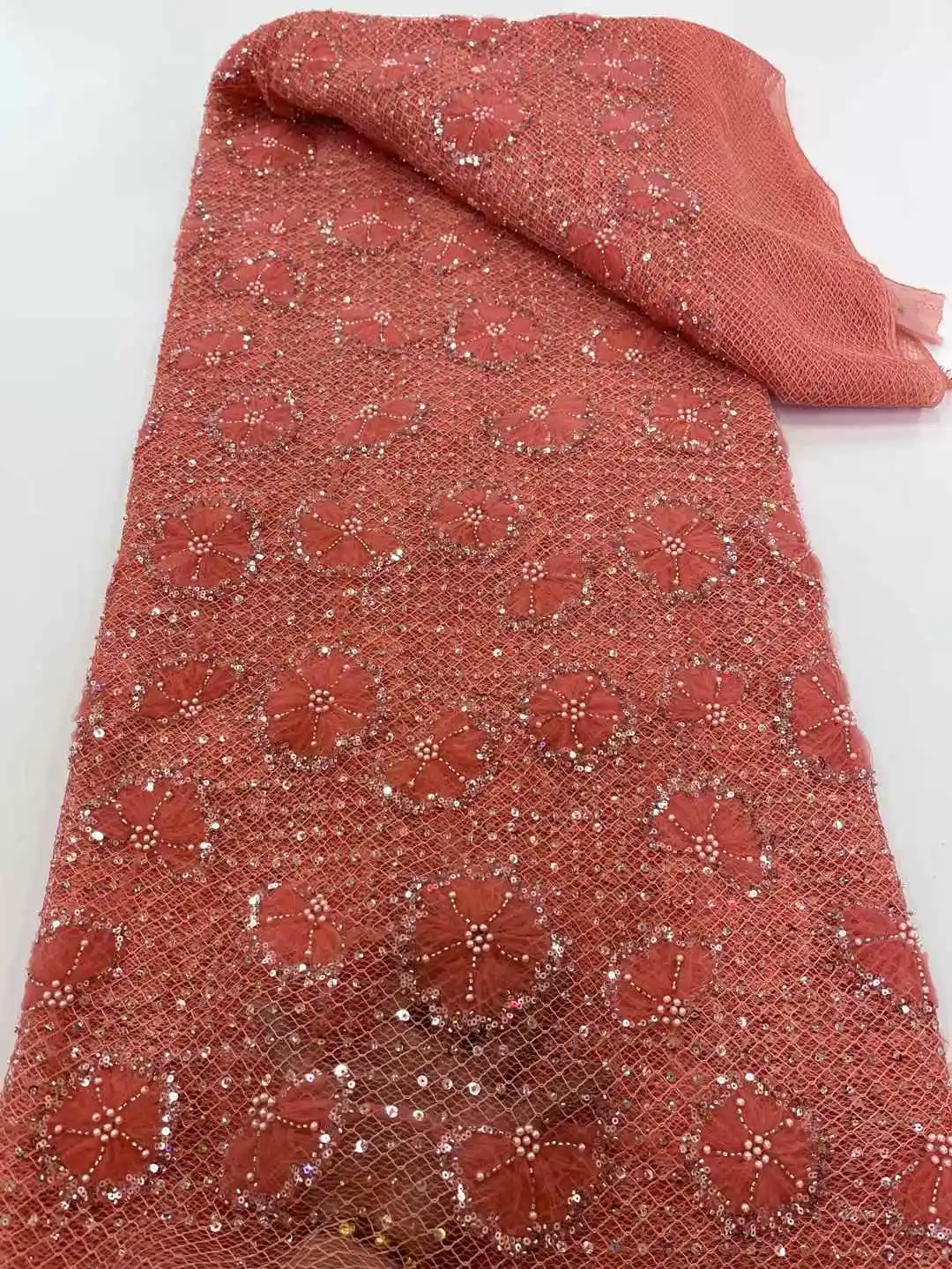 新デザインレース生地高品質レースチュールメッシュネットレース生地 2025 高級ハンドビーズ花嫁のウェディングドレス 5 ヤード