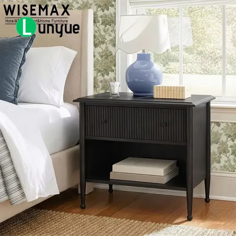 Modern Nordic Black Ash Wood Bedside Table 1 Drawer Nightstand for Home Bedroom Hotel Villa Apartment Furniture Storage