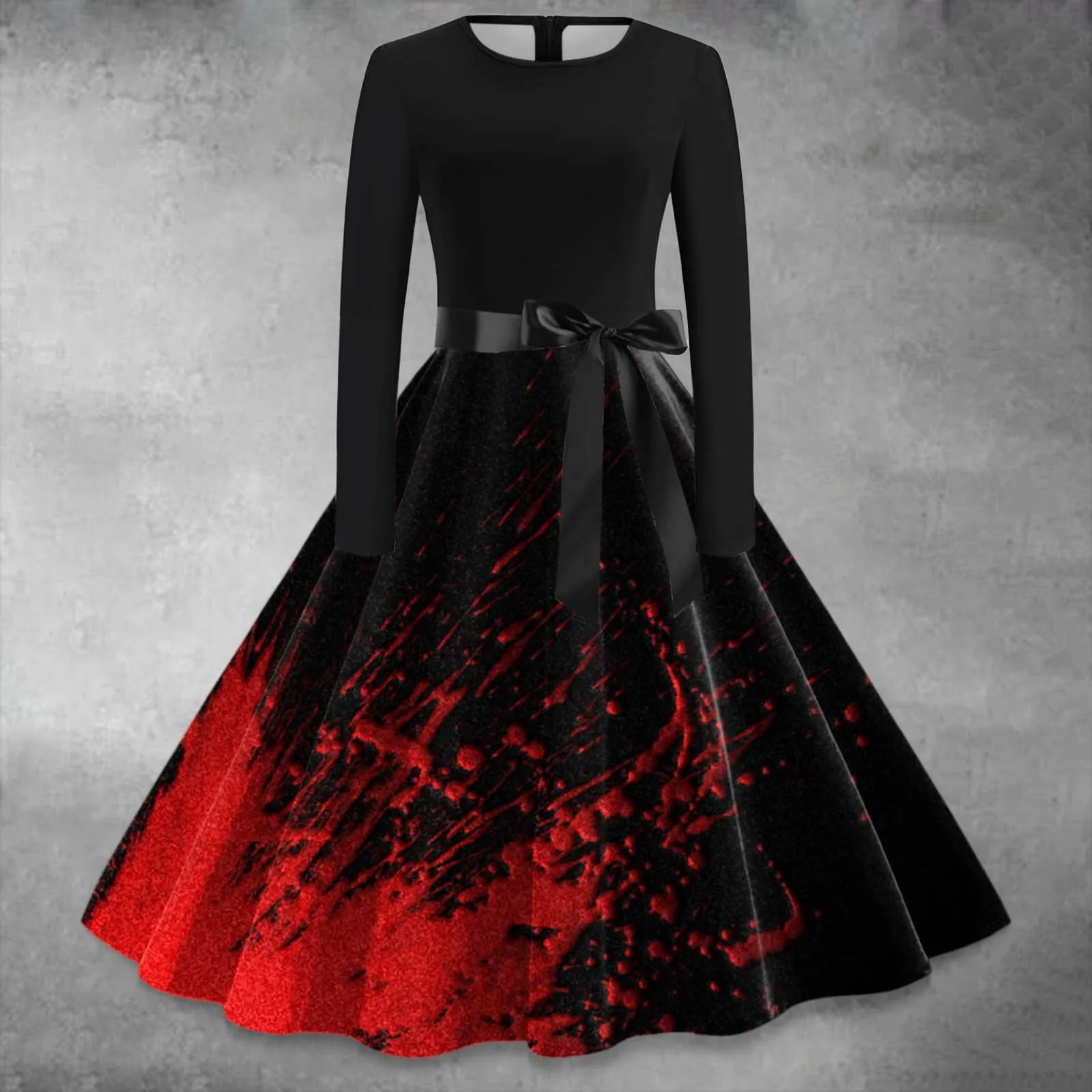 

Women'S Halloween Trend Dresses Bloody Print Dark Fashion Dress Crew Neck Long Sleeve Waist Swing Dress Delicate Casual Dress