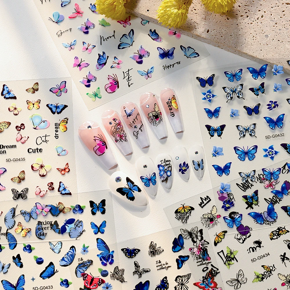 1Pcs 5D Exquisite Blue Butterfly/Flower Nail Stickers Luxurious Butterfly Floral Adhesive Nail Decal For Women's Nail Tips Decor