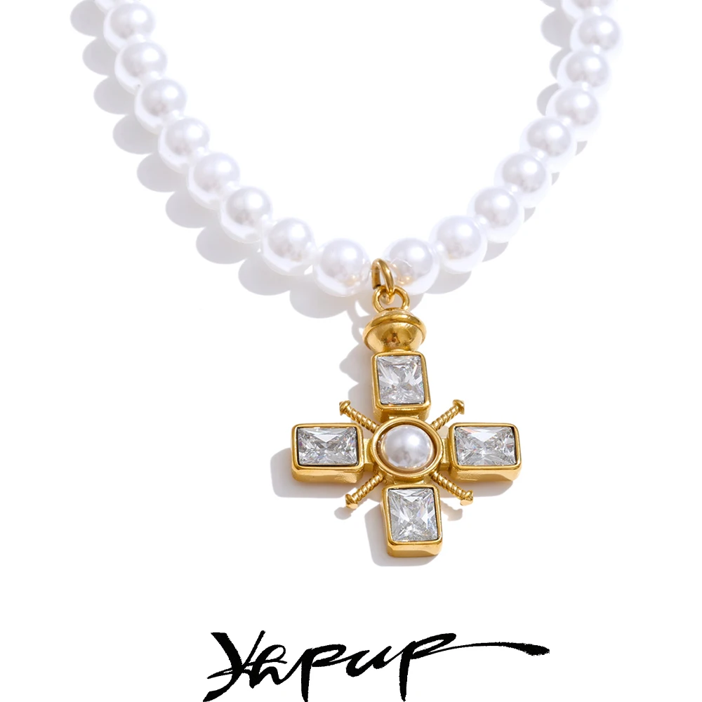 Yhpup Eleganz, simulierte Perlen, handgefertigte Kette, Kreuz, Zirkonia, Charm-Anhänger, Halskette, Geschenk, modische Perlen, Schmuck, 2025, neu