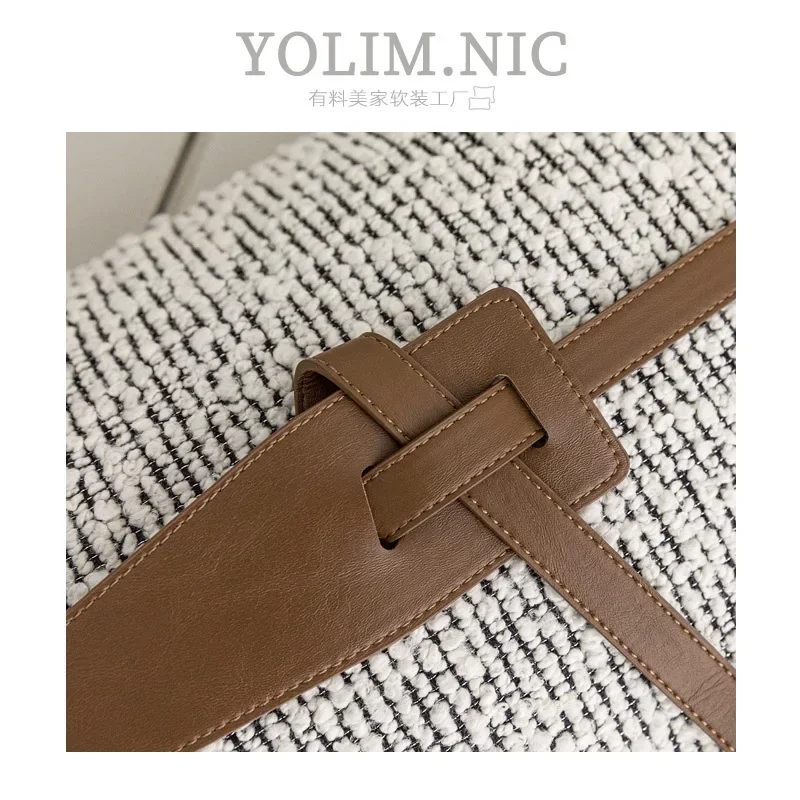 Black And White Cotton-Linen Textured Belt Orange Leather Decorative Pillow Cover for Designer Room Stylish Home Decor Accent