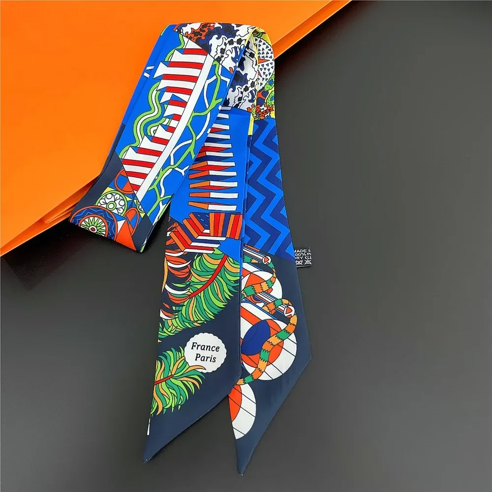 Luxury Brand Design Print Skinny Silk Ribbon Scarfs Women Soft Satin Stripe Neckerchief Female Hairband Foulard Neck Bag Tie