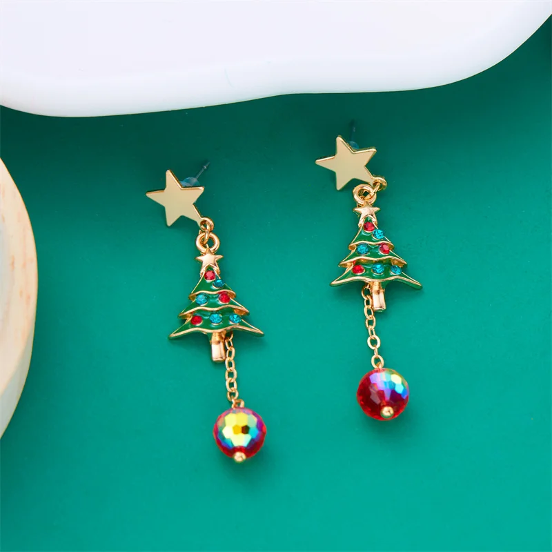 New Crystal Christmas Tree Tassel Earrings for Women Trendy Rhinestone Snowflake Bow Round Drop Earring Girls Christmas Jewelry