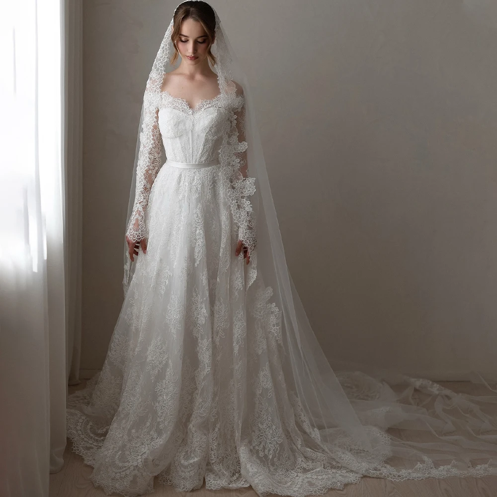 Mophiel Lace Wedding Dresses Long Sleeve Square Neck A Line White Bride Dress Sweep Train Button Church Bridal Gowns Customized