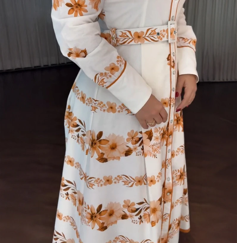 Women Floral Placement Print Turn-down Collar Puff Sleeve Vacation Dress Casual Button Down Shirt Dress With Belt and Lining