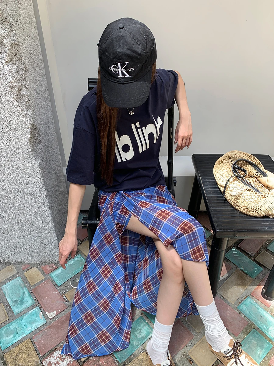 Blauwe geruite A-lijn rok Onregelmatige zoom Dames Zomer Faionable Rokken Casual lage taille Polyestervezel Rechte buis