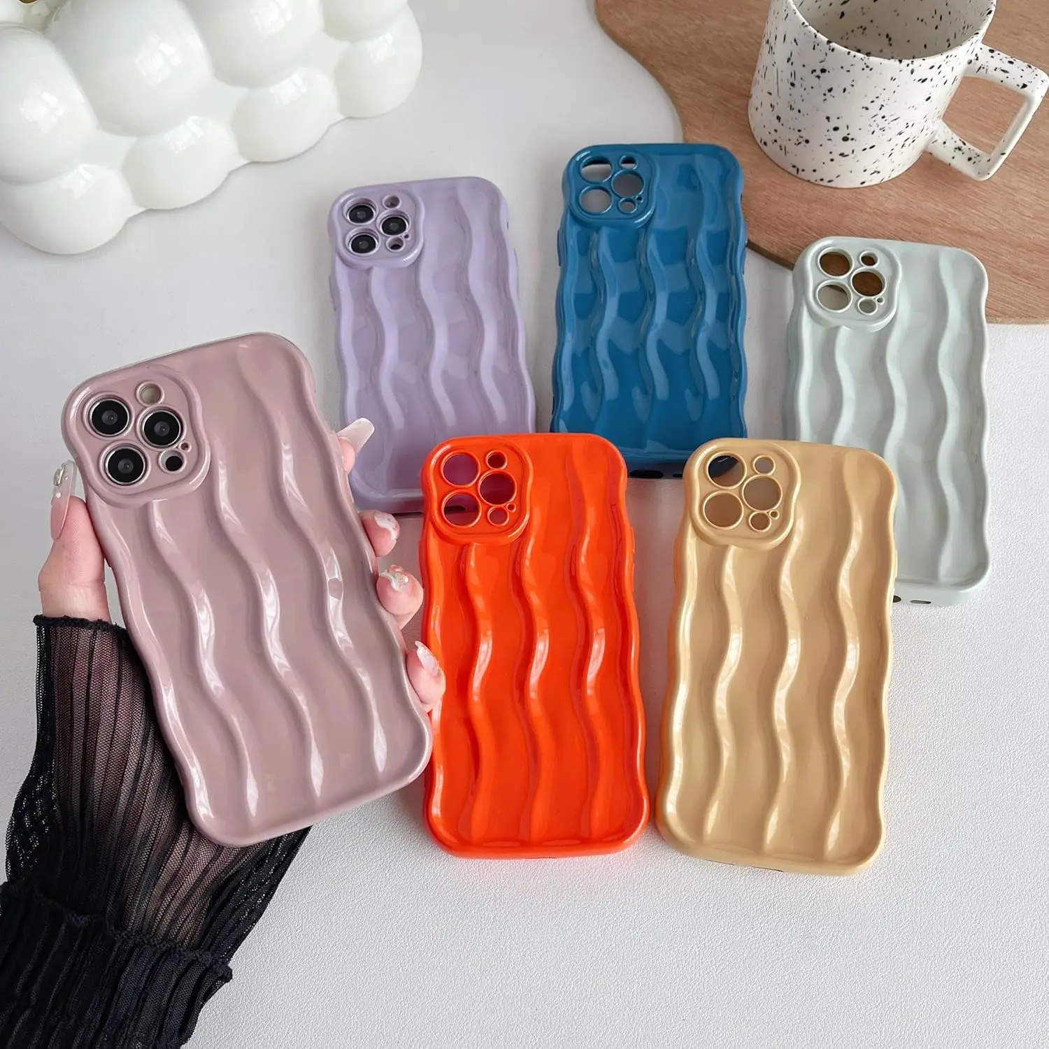 for  12  Case,Water Ripple Pattern Curly Wave Frame Soft Compatible with  Case White, iPhone12