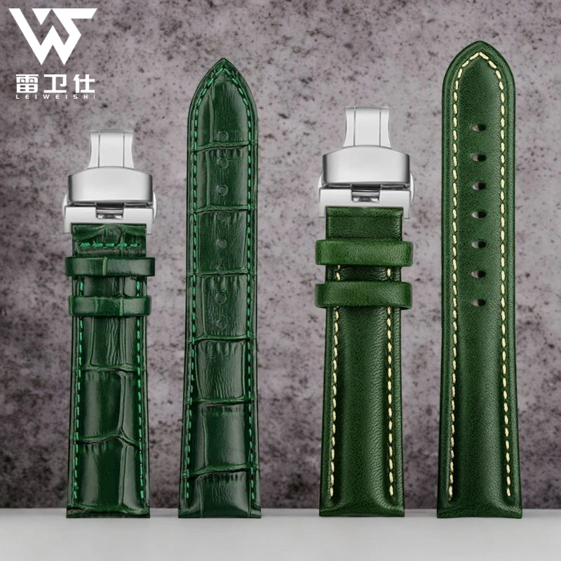 Moda verde derme pulseira de relógio 16 18 20 22mm para qualquer marca cinta homem ms couro macio borboleta fecho pulseira equipar com ferramenta