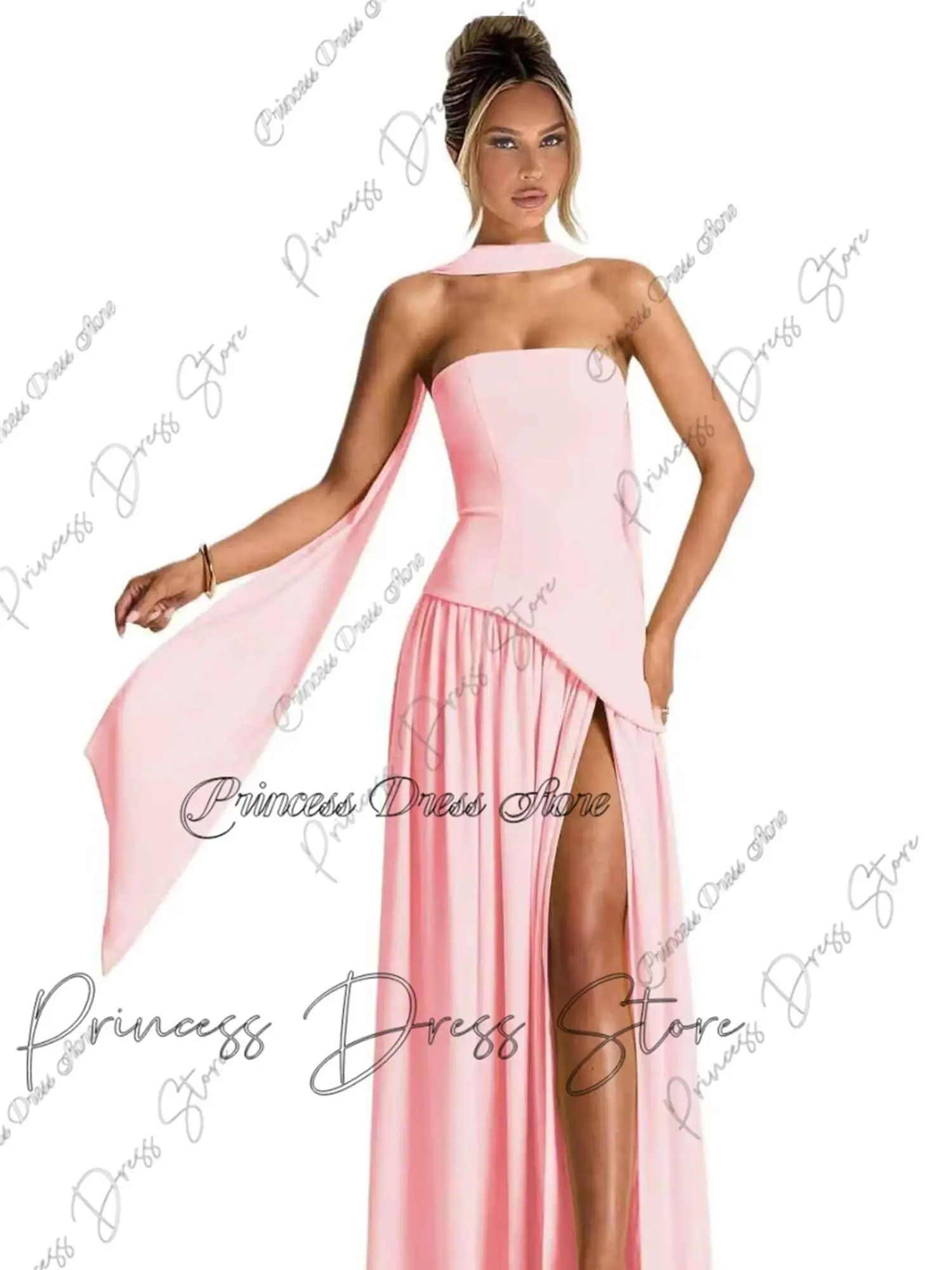 

Sweet Customized Formal Evening Prom Dress vestidos de noche Strapless Corset Draped Chiffon High High Slit Floor Length
