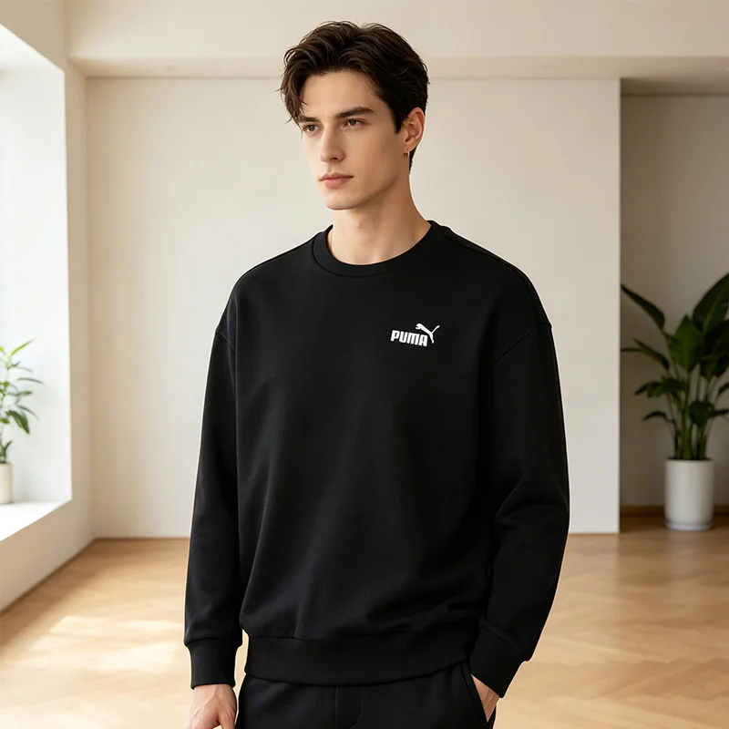 

New Puma Ess+ Relaxed Small Logo Crew Fl Sweatshirt With Fleece Women Comfortable Loose Pullover For Outdoor Sports 685587-01