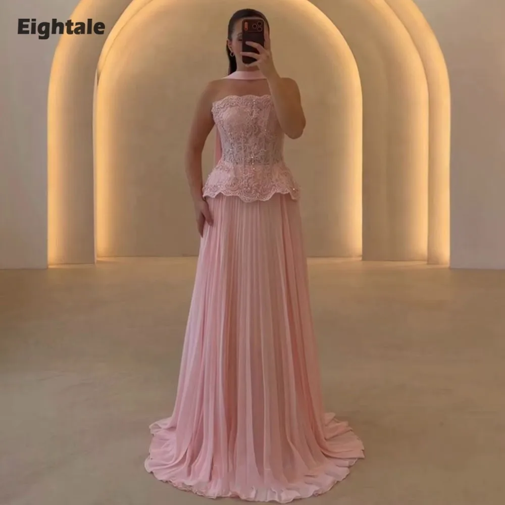 Arabische Abendkleider von Eightale für Hochzeiten, trägerlos, Chiffon, rosa, formell, maßgeschneiderte A-Linien-Abschlussballkleider